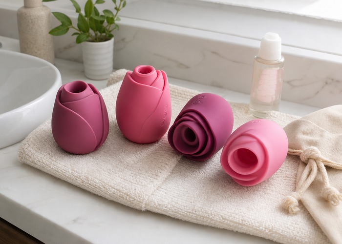 Rose Vibrators guide product scene with rose vibrator, petal opening, cleanser bottle