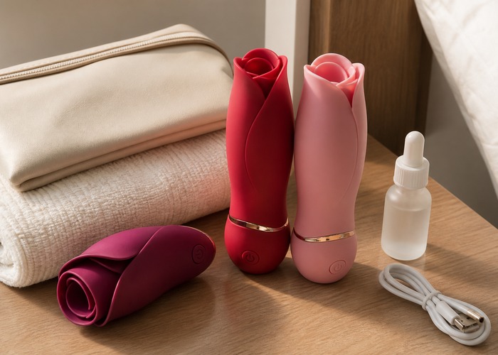 Rose Vibrators guide product scene with rose vibrator, petal opening, cleanser bottle
