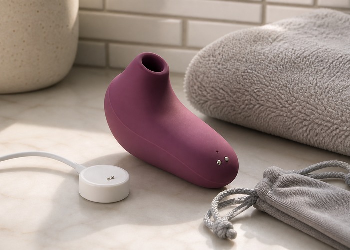 Clitoral Suction Vibrators product scene showing magnetic charging pins, covered charging port, soft drying towel