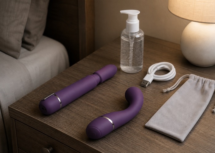 G-Spot Vibrators guide product scene with telescopic shaft, rotating head, water-based lube