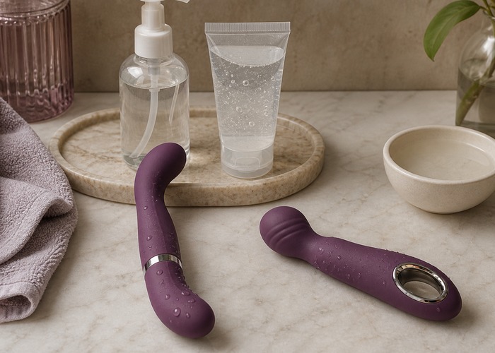 G-Spot Vibrators guide product scene with telescopic shaft, rotating head, water-based lube
