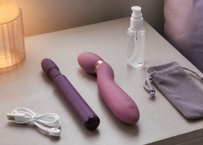 G-Spot Vibrators guide product scene with telescopic shaft, rotating head, water-based lube