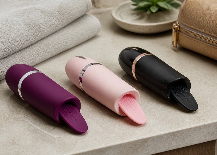 Tongue Vibrators guide product scene with tongue vibrator, soft flap tip, water-based lube