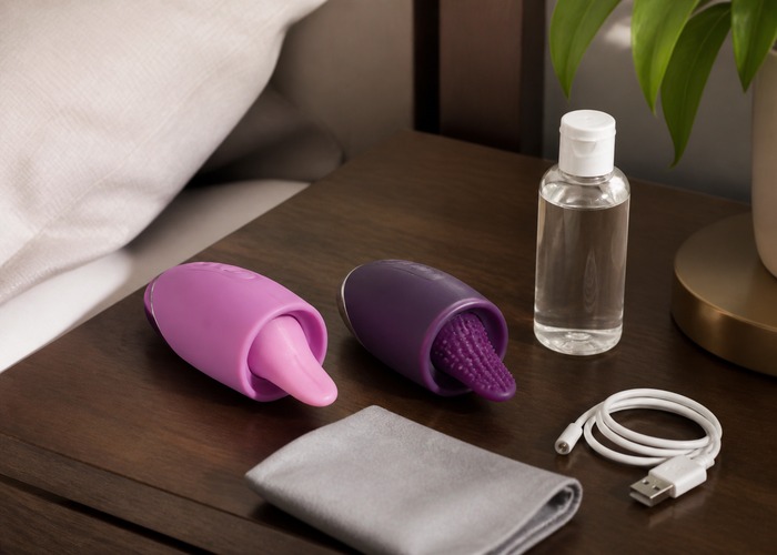 Tongue Vibrators guide product scene with tongue vibrator, soft flap tip, water-based lube