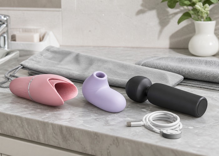 Clitoral Vibrators guide product scene with tongue-style stimulator, suction-style stimulator, tapping-style toy