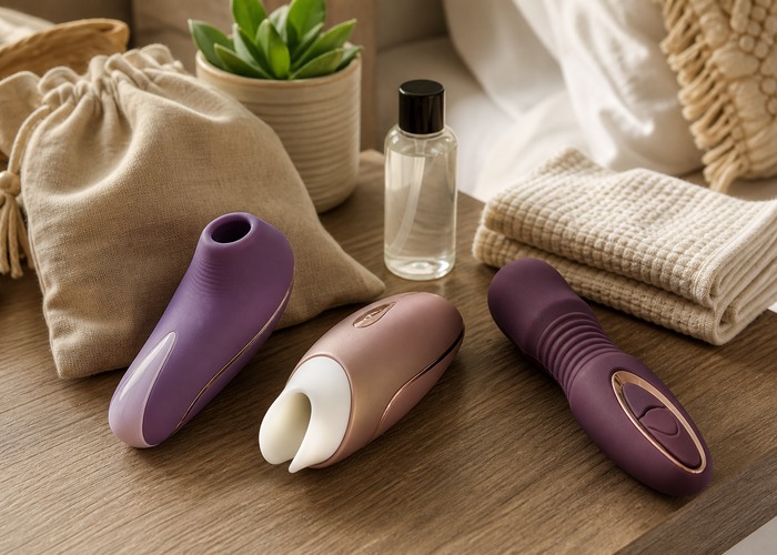 Clitoral Vibrators guide product scene with tongue-style stimulator, suction-style stimulator, tapping-style toy