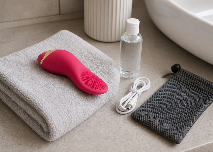 Tongue Vibrators guide product scene with heating tongue vibrator, water-based lube, soft towel