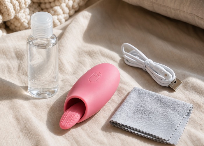 Tongue Vibrators guide product scene with heating tongue vibrator, water-based lube, soft towel