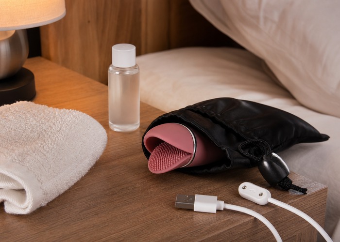 Tongue Vibrators guide product scene with heating tongue vibrator, water-based lube, soft towel